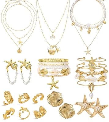 Vieyomn 32 Pcs Starfish Seashell Jewelry Set for Women Layer Necklace Bracelets Stackable Shell Starfish Rings Stud Earrings Pearl Beach Vacation Accessories