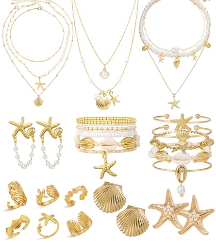 Vieyomn 32 Pcs Starfish Seashell Jewelry Set for Women Layer Necklace Bracelets Stackable Shell Starfish Rings Stud Earrings Pearl Beach Vacation Accessories
