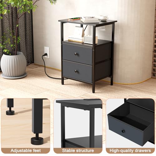 Image of Nightstand with Charging Station, Bedside End Table with 2 Fabric Drawers for Bedroom, Side Table with USB Ports and Outlets (Black)