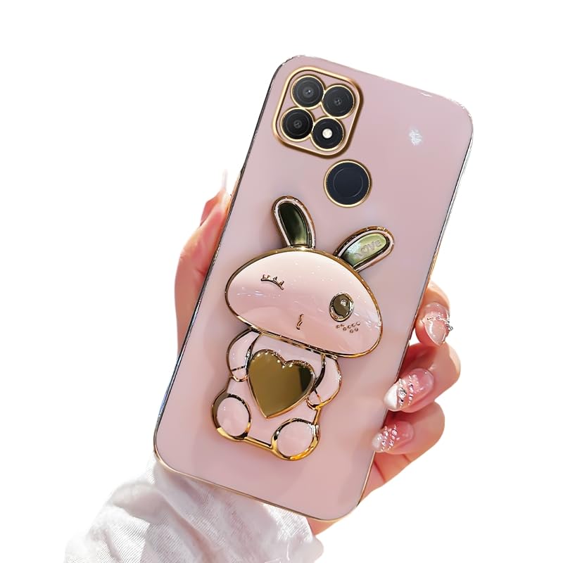 Silicone Cover Compatible with Oppo A15 Case with Cute Cartoon Rabbit Stand Case for Oppo A15 Slim TPU Electroplated Anti-Fingerprint Women Girls
