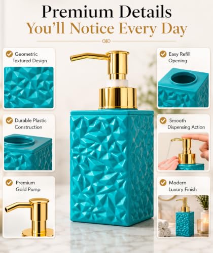 Image of Quace Modern Textured Liquid Soap Dispenser for Bathroom & Kitchen Sink | Refillable Hand Wash & Lotion Pump Bottle for Home Decor (Teal Green)