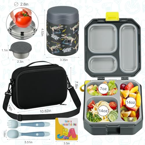 Image of wiwens Bento Lunch Box for Kids with 12oz Soup Thermo Leak-Proof Lunch Food Container with 5 Compartment Thermo Hot Food Jar and Insulated Lunch Bag for Kid Toddler Girls Boys to School
