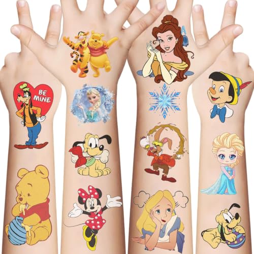 10 Sheets Disney Cartoon Temporary Tattoos for Kids Princess Birthday Party Favors Cute Cartoon Decoration Sticker Gifts for Teen Girl Boys Home Activity Class Prizes Carnival Christmas Rewards