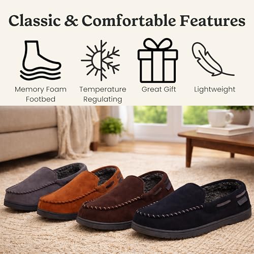 Image of Dearfoams Men's Keaton Moccasin House Shoes With Memory Foam, Indoor Slippers With Wide Widths