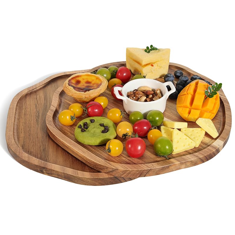 HALE OTEIR 11.8 Inch Large Acacia Board for Cheese, 2-Pack Wood Serving Boards Irregular Rustic Charcuterie Board for Cheese, Meat, Fruit & Vegetables