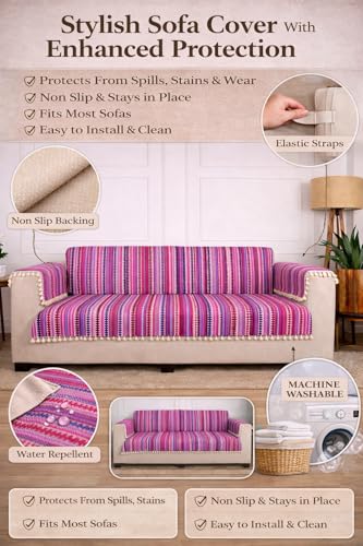 Image of Gifts Island 3 Seater Cotton Sofa Cover Mat | Anti Slip Sofa Cover Throw | All Over Furniture Protector with Elastic Straps | Washable Couch Cover for Living Room (Pink, 3 Seater)