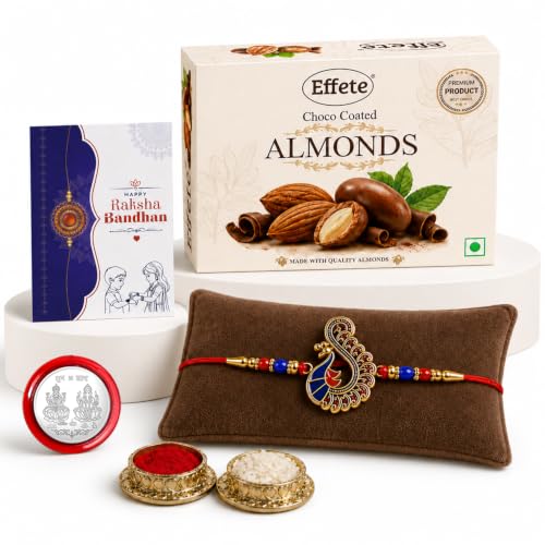 Image of DeoDap Rakhi with Chocolate for Brother - Peacock Design Colorful Rakhi with Almond Chocolate 32 Gm, Greeting Card, Silver Color Pooja Coin & Tilak Set - Raksha Bandhan Combo for Bhai (K1 1118+CA32)