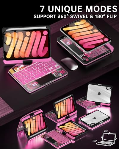 Image of Intermerge Keyboard Case for iPad mini 7 (A17 Pro, 2024) & Mini 6 (2021) 8.3 inch - 360 Swivel Multi-Touch Trackpad, 7-Color RGB Backlit Keys, Pencil Holder, Type-C Charging, Power Indicator-Blush Pulse