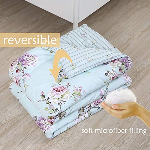 Fadfay Queen Comforter Set Blue Floral Lightweight Reversible Striped 100% Cotton Down Alternative Bed Comforter Soft Microfiber Fill Bedding Farmhouse Purple Flower & Green Leaves Printed 3 Pcs #TOP1