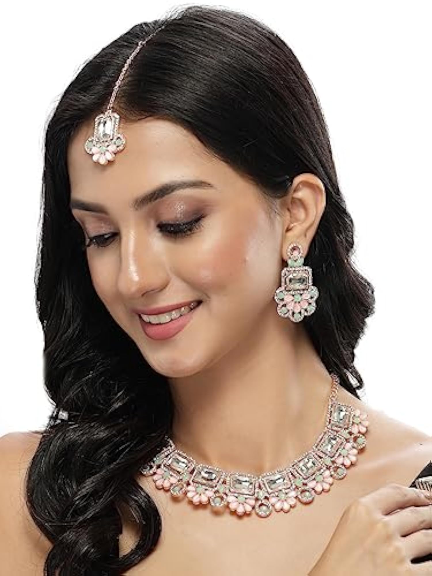 Rose Plated AD Stone Collar Bone Necklace Set with Earring and Maangtika