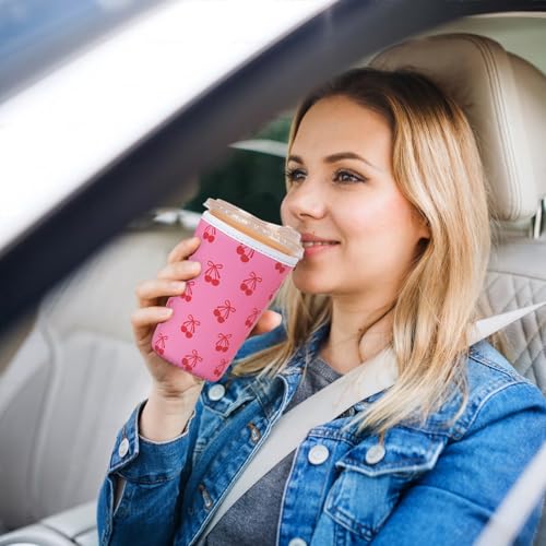 Image of Reusable Insulated Sleeve for Iced Coffee Cup, 3-Pack Coffee Neoprene Drink Sleeve for Cold & Hot Drinks, Beverage Holder for Iced Coffee (Pink Cherry Bows)
