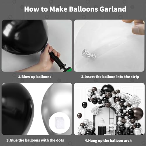 Image of Black and Silver Balloons Arch Kit,130pcs Metallic Black Balloons Garland,Different Sizes Metallic Silver Latex Balloons for Birthday Engagement Baby Shower Wedding Graduation Party Decorations