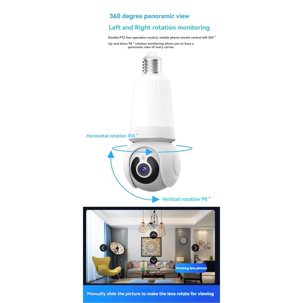 Caméra Ampoule 2MP WiFi 360° Couleur Nuit Conversation Bidirectionnelle Surveillance de Sécurité E27 Caméra Aucun Câblage Requis pour Intérieure A