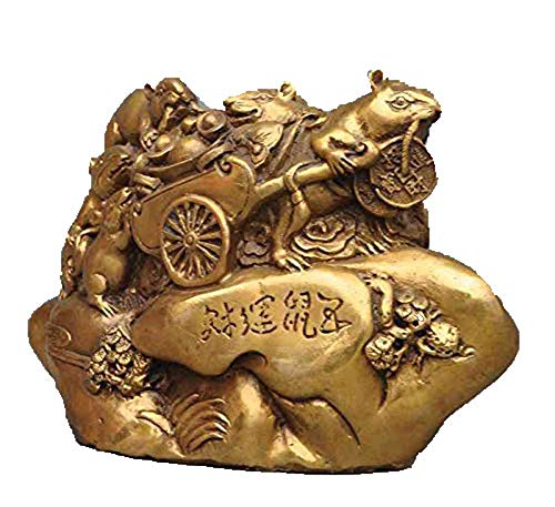 Statue Fengshui en laiton de 5 souris chanceuses et yuanbao traditionnel