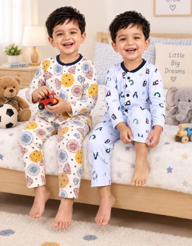 Image of 3BROS Kids Pure Cotton Night Suit Set | Boys Girls Printed Sleepwear Shirt & Pajama Clothing Combo | Soft Breathable Night Dress Outfit | Pack of 2