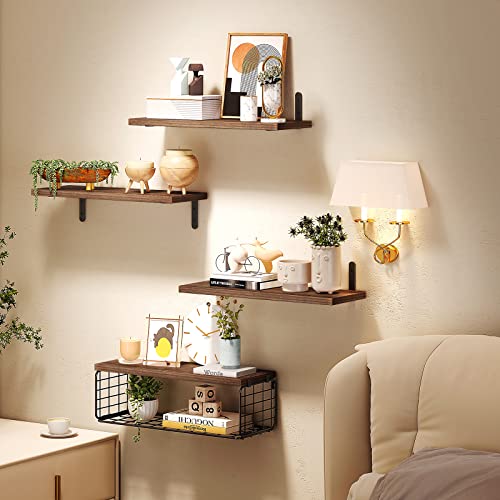 Fixwal 4+1 Tier Floating Shelves, Rustic Wood Wall Shelf, Bathroom Shelves Over Toilet With Wire Storage Basket, Farmhouse Wall Decor For Bedroom, Kitchen, Living Room And Plants (Dark Brown) #TOP5