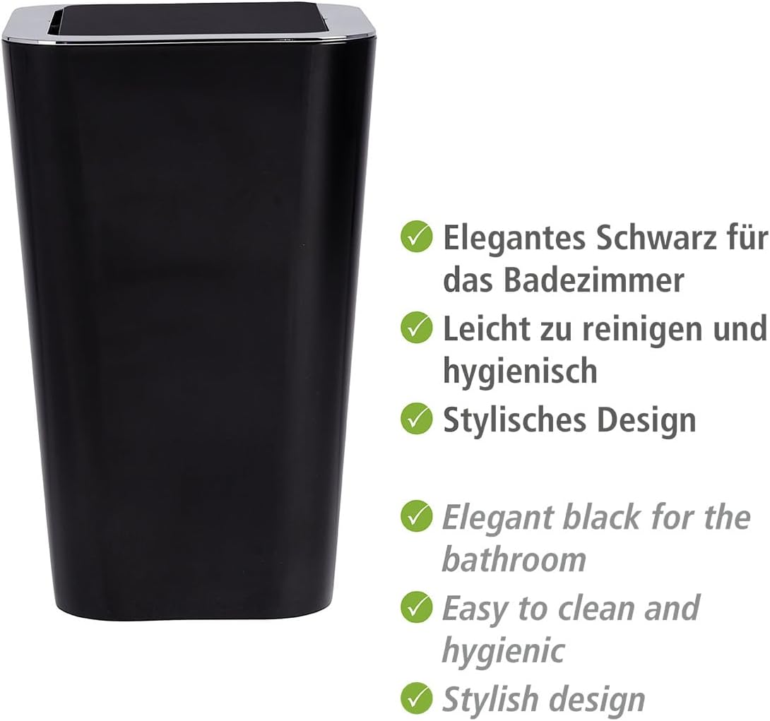 WENKO Small Trash Can with Swing Top Lid, Mini Waste Basket, Stylish Garbage Bin for Bathroom, Bedroom, Kitchen, 1.6 Gallon, 7.1 x 11.2 x 7.1 in, Black