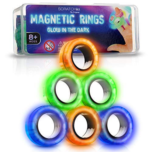 SCRATCHIEZ Magnetic Rings Fidget Toys for Adults and Children  Glow in The Dark Stress Relief Magnet Toys  Set of 6 Fidget Rings with Carrying Fidget Box  Green, Orange and Blue