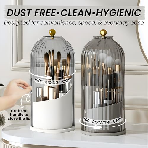 Image of OCEANEVO Cosmetic Makeup Brush Holder with Makeup Sponge, Dustproof Makeup Brush Organiser Stand with 360 Rotatable Lid - 12.5 x 27 Cm - White - 1 Year Warranty