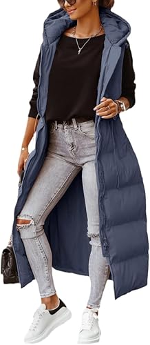 Miniatura 2 de Shanfetl - Chaleco largo acolchado con capucha para mujer, de longitud maxi, sin mangas, chaleco acolchado para invierno, abrigo de invierno