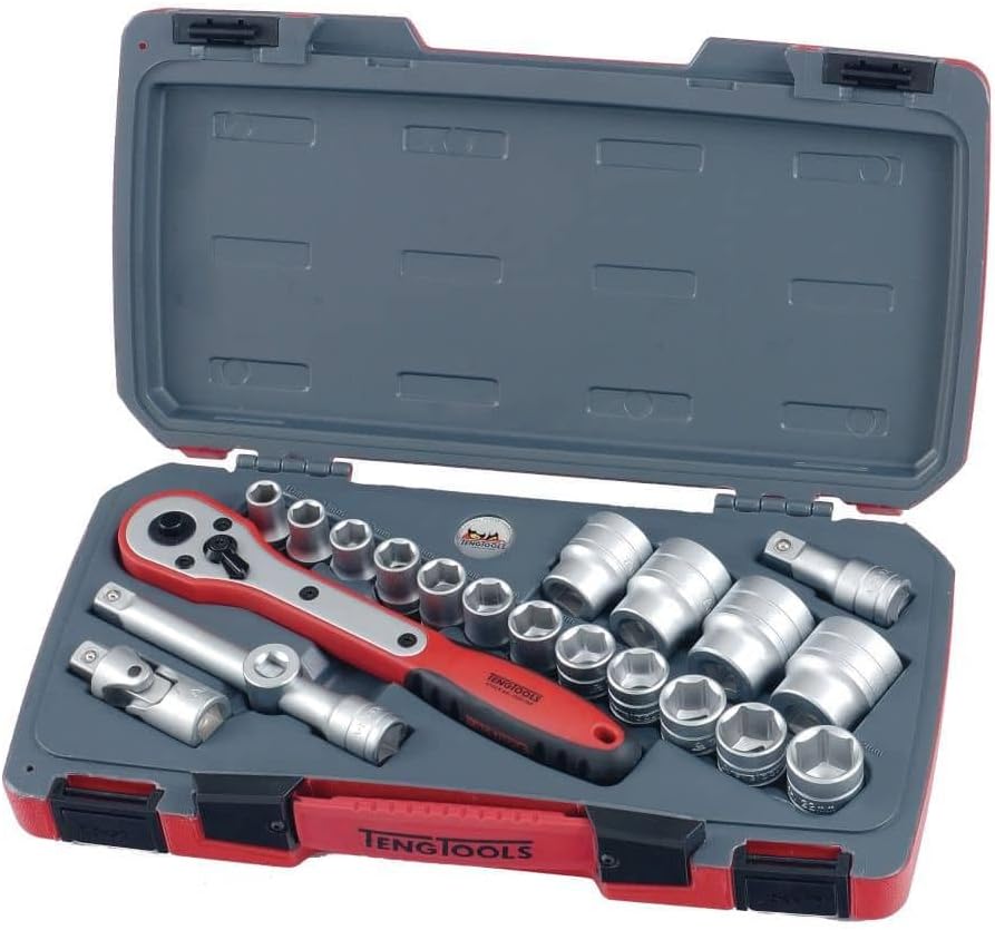 Teng Tools 21 Piece 1/2 Inch Drive 6 Point Metric Regular/Shallow Socket Set (10mm - 32mm) - T1221-6