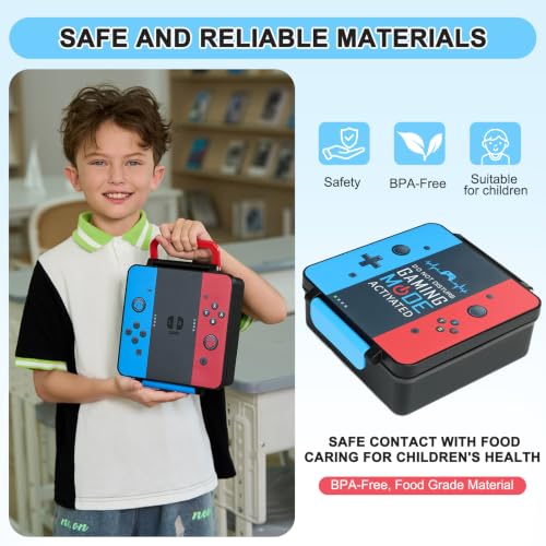Image of Gamer Bento Lunch Box for Kids, 60 OZ Kids Lunch Box with 8 OZ Leakproof Stainless Steel Insulated Food Jar, 3-4 Compartments Bento Box for School, Includes Sauce Cup & Divider (Blue-Red-A)