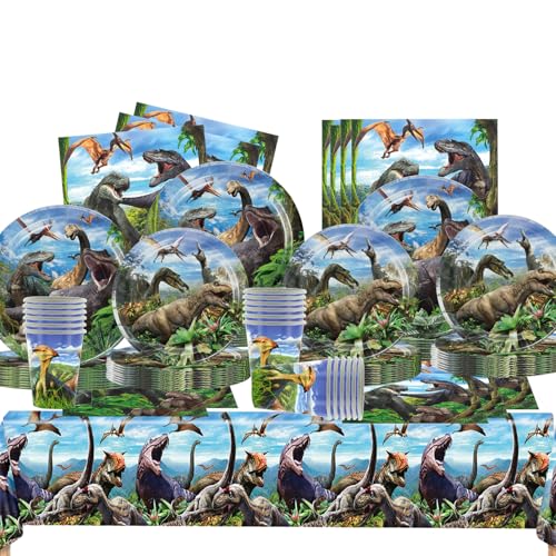81 Pièces Vaisselle de Fête Dinosaure, Décoration d'anniversaire Dinosaure,Deco Dinosaure pour fête à Thème et Anniversaire, Assiettes Papier, Pobelets,...