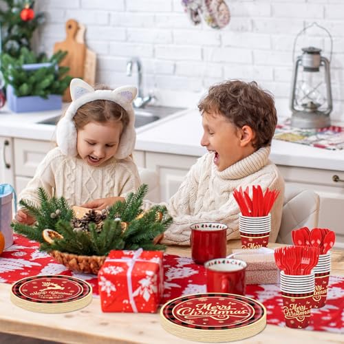 175 Pcs Merry Christmas Party Supplies Set - Serves 25, Festive Red and Black Plaid Disposable Tableware, Includes Paper Plates, Cups, Napkins, Forks, Spoons, Knives for Xmas Holiday Celebrations – Image 6