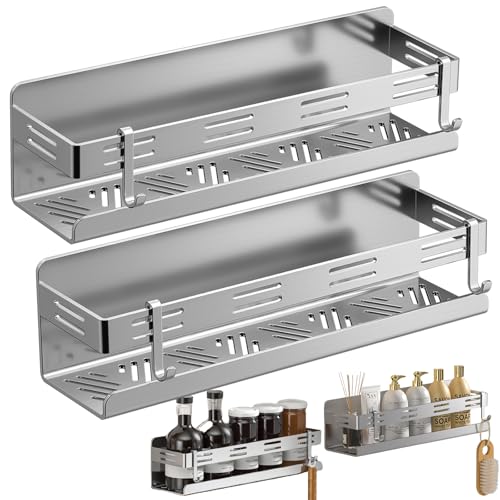 浴室用ラック マグネット 2段式 調味料 お風呂 304ステンレス 防水と防錆 強力磁石壁掛け 水切り シャワー 洗面所/キッチン収納 バスルーム 冷蔵庫 洗濯機用 フック4個付き 約W30 x D10x H9.5cm (シルバー) ANGAOU