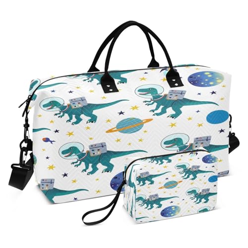 ​​Large Foldable Travel Duffel Bag, Waterproof Gym Bag for Men & Women, Carry-On Luggage Weekender Overnight Bag, Space Dinosaurs