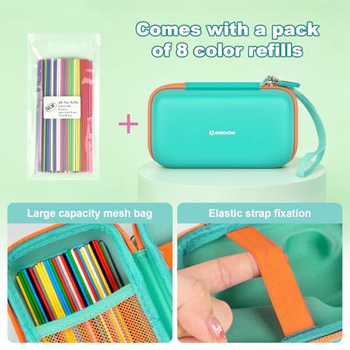 Image of ANKHOH 3D Printing Pen Case for 3Doodler Start+, 72 Pen Refills Included | Hard shell storage with grooved base, mesh pocket and hand strap for school or travel; 3D pen not included, Green
