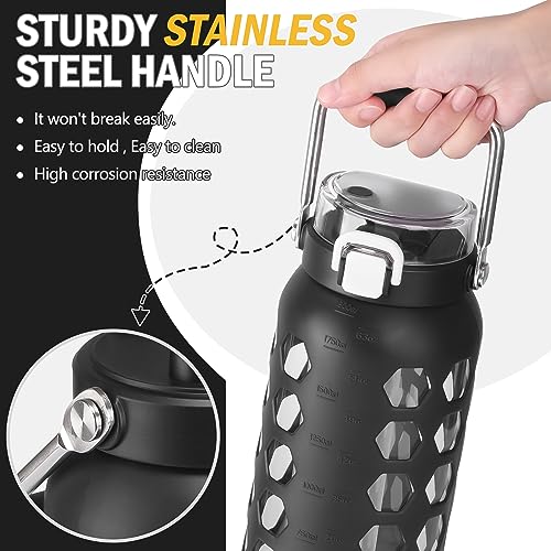 MUKOKO 64oz Glass Water Bottles with Straw and Lid,Half Gallon Water Bottle with Time Marker,Large Glass Water Jug with Silicone Sleeve and Stainless Steel Handle-Black - Image 3