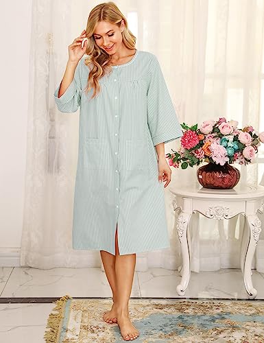 Image of Bloggerlove House Dress Women Cotton Snap Front Nightgown 3 /4 Sleeve Housecoat Duster Robe with Pockets Moomoo Patio Dress