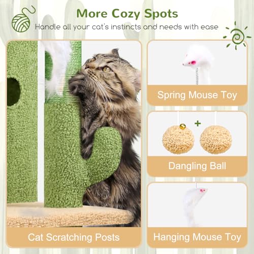 Image of Globlazer Cactus Cat Tree Tower for Indoor Cats, 50-inch Adult Cat Tree House for Large Adult Cats with Steps, Scratching Post, 2 Cat Caves, Dangling Toys, FC50, Green