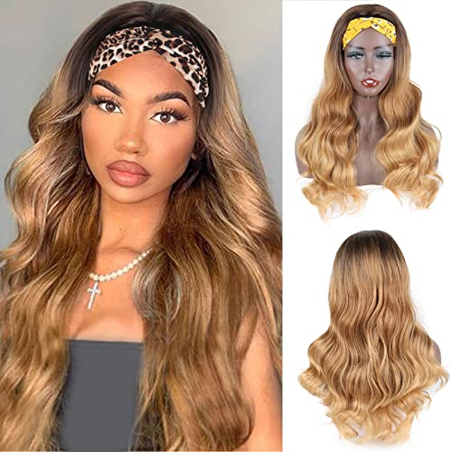 LEOSA Ombre Headband Wig Brown Ombre Body Wave Synthetic Wig with Headband Attached,Body Wave Headband Wigs 24 inch Ombre Wigs for Women Brown Headband Wig Wavy Brown Wig Long Half Headband Wigs