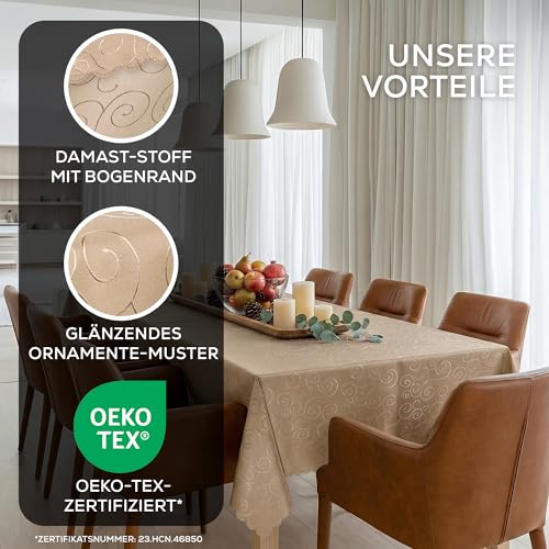 BEAUTEX Damast Tischdecke Ornamente eckig 130x160 Cappuccino bügelfrei edel – Ansicht 2