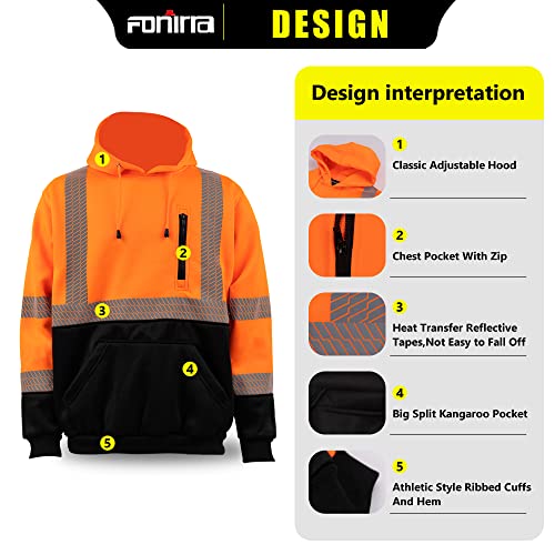 Fonirra High Visibility Safety Fleece Hoodie For Men Reflective Sweatshirt Ansi Class 3 With Black Bottom(Orange,Xl) #TOP2