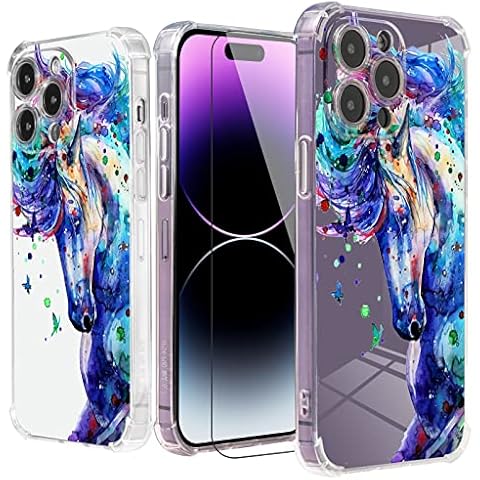 Roemary Purple Case for iPhone 13 Mini with Blue Horse Design,Watercolor Pattern with Screen Protector [Buffertech 6.6 ft Drop Impact] Soft TPU Protective Case for iPhone 13 Mini 5.4" Cover