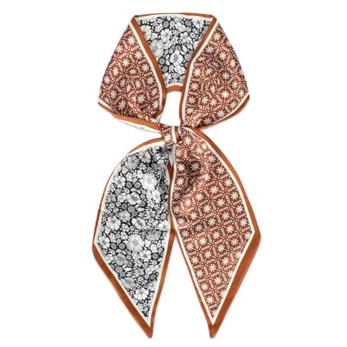 Relang Satin Scarf Mulberry Silk Printed Head Wrap Hair Band 7"" x 59"" Brown Black Flowers