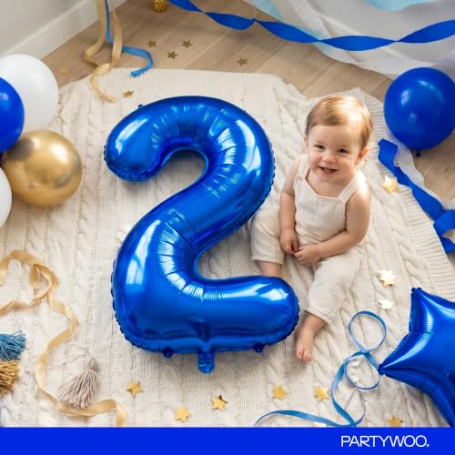 Image of PartyWoo Royal Blue Number 2 Balloon 40 Inch 25pcs Blue Star White Gold