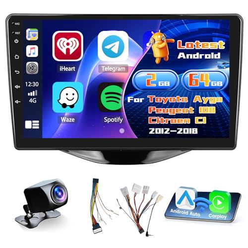 Podofo Carplay Autoradio für Toyota Aygo 2015/Citroen C1 2020/Peugeot 108, 9 Touchscreen Autoradio 2G 64G mit Wireless Carplay Android Auto, Bluetooth/ GPS/WiFi/FM/RDS/SWC/HiFi/USB Rückfahrkamera