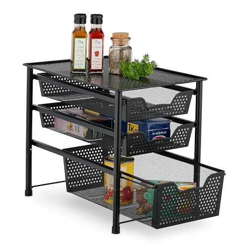 Relaxdays Cassettiera con 3 Estraibili Scaffale Portaspezie con Cassetto, Organizer da Tavolo da Cucina o Scrivania Ufficio, HLP 35x28x42,5 cm, Nero, Acciaio, 35 x 28 x 42.5 cm