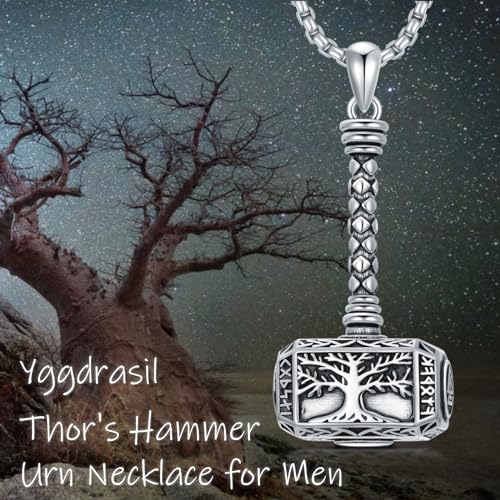 SIMONLY Thors Hammer Necklace 925 Sterling Silver Turquoise Obsidian Tigers Eye Mjolnir Necklace Urn Necklaces for Ashes Viking Cremation Jewelry for Men Women Unisex2
