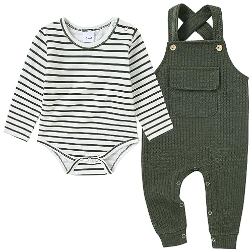 Image of CARETOO Newborn Baby Boy Clothes Infant Boy Romper Fall Winter Outfits Bodysuit 2Pcs Striped Long Sleeve Top Overalls 0-18M