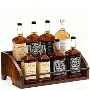 Wooden Liquor Bottle Display Shelf, 2 Step Countertop Liquor Wine Rack, Coffee Syrup Rack Organizer Mini Bar Home Retro Bar Shelf Stand for Liquor Whiskey, Spirits