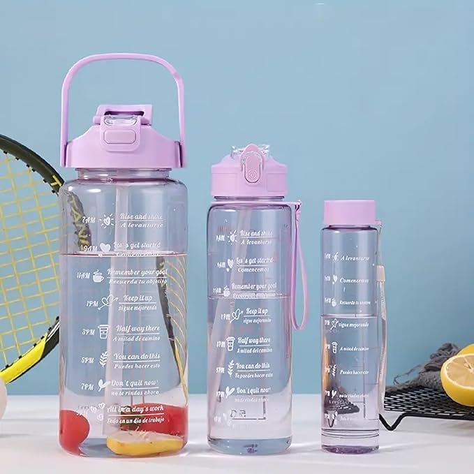 Image of Plastic Set Of 3 Transparent Water Bottle 2000ML, 900ML, 300ML With Motivational Time Marker, Leakproof Durable Sipper Water Bottle For Office, School, Gym (Multicolor)