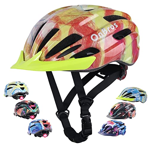 Onbros Bike Helmet Kids- Safety Certified Children's Helmet With High-Density Eps Foam Padding, Led Tail Light, Sun Visor, And Adjustable Size With 16 Ventilation Holes (Orange) #TOP26