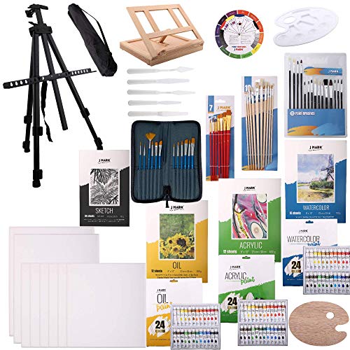 139pc Deluxe Artist Painting Set for Adults - Includes Adjustable Aluminum and Wood Easels, Brush Sets, Watercolor, Acrylic and Oil Sheets and Paints, Sketch pad, Tools, Palettes, Various Canvas