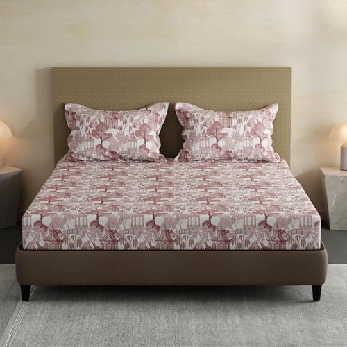 Image of Layers 100% Cotton Bedsheet for King Size Bed | Lumina Floret Collection | 144 TC Soft & Breathable | Printed with 2 Pillow Covers | Wrinkle Free & Colorfast | 3 Piece Bedding Set - Brown