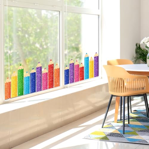 Image of Whaline 9 Sheet Back to School Colorful Glitter Pencil Window Clings Sparkly Rainbow Pencil Reusable Window Decals for First Day of School Home Nursery Classroom Decor